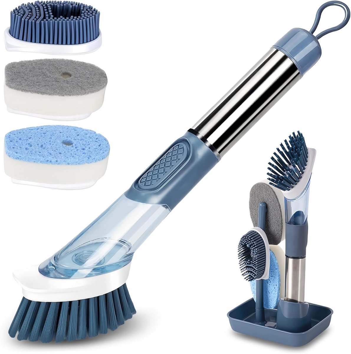 Vaatwasser en zeepdispenser met afwasborstel in blauw voor efficiënt schoonmaken