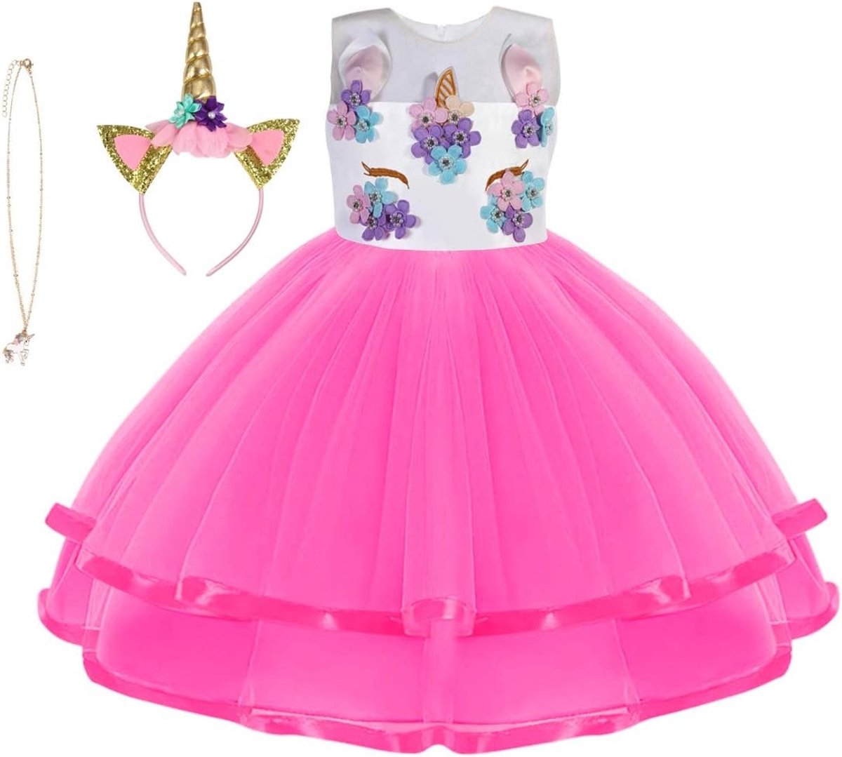 Unicorn Kostuum voor Kinderen, Prinsessenjurk met Sieraden en Hoofdband voor Verjaardagen, Cosplay en Halloween Feesten, Leeftijd 2-10 Jaar