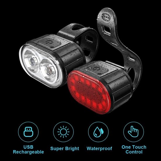 Oneay USB oplaadbare fietsverlichtingsset, ultraheldere LED-achterlichten voor en achter, fietsverlichting voor nachtritten, schakelbare groot-/dimlichtfunctie, waterdicht. — afbeelding 2