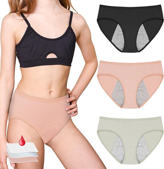 Model met een beha en een roze menstruatiebroek, met illustratie van gelaagde stof en druppels. Zwart, roze, groen.