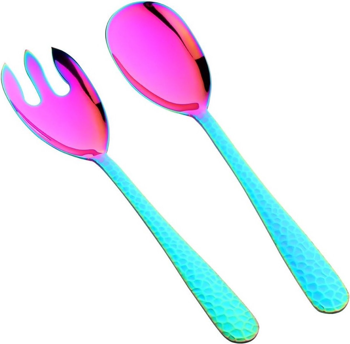 Roestvrijstalen saladebestek van 30,7 cm met regenboog saladelepel en vorken, vaatwasmachinebestendig en spiegelgepolijst, ideaal voor salades en feesten