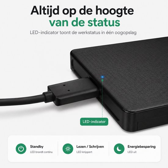 UGREEN USB 3.0 Externe Behuizing Voor 2,5" SATA HDD/SSD – 5 Gbps, UASP, Gereedschapsloos, Voor Windows, Mac, Linux, PS4, Xbox – Incl. USB-kabel