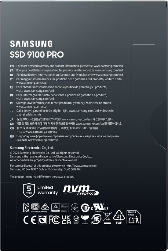 Doos van de Samsung SSD 9100 PRO met garantie- en certificeringsinformatie.