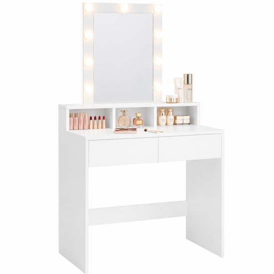 Witte make-up tafel met spiegel en Hollywood-stijl LED-verlichting, opbergvakken en 2 laden.