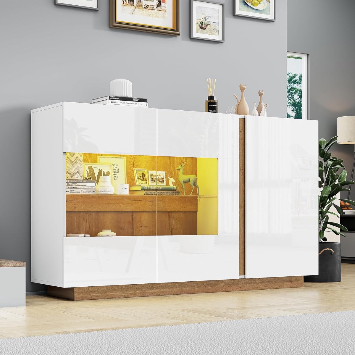 Snow Crystal Modern Hoogglans Dressoir met Smart RGB LED-Verlichting – Luxe Wit Buffetkast met Glazen Panelen en Houten Onderstel – Design Wandkast voor Woonkamer en Hal – 138W x 38D x 90.5H cm