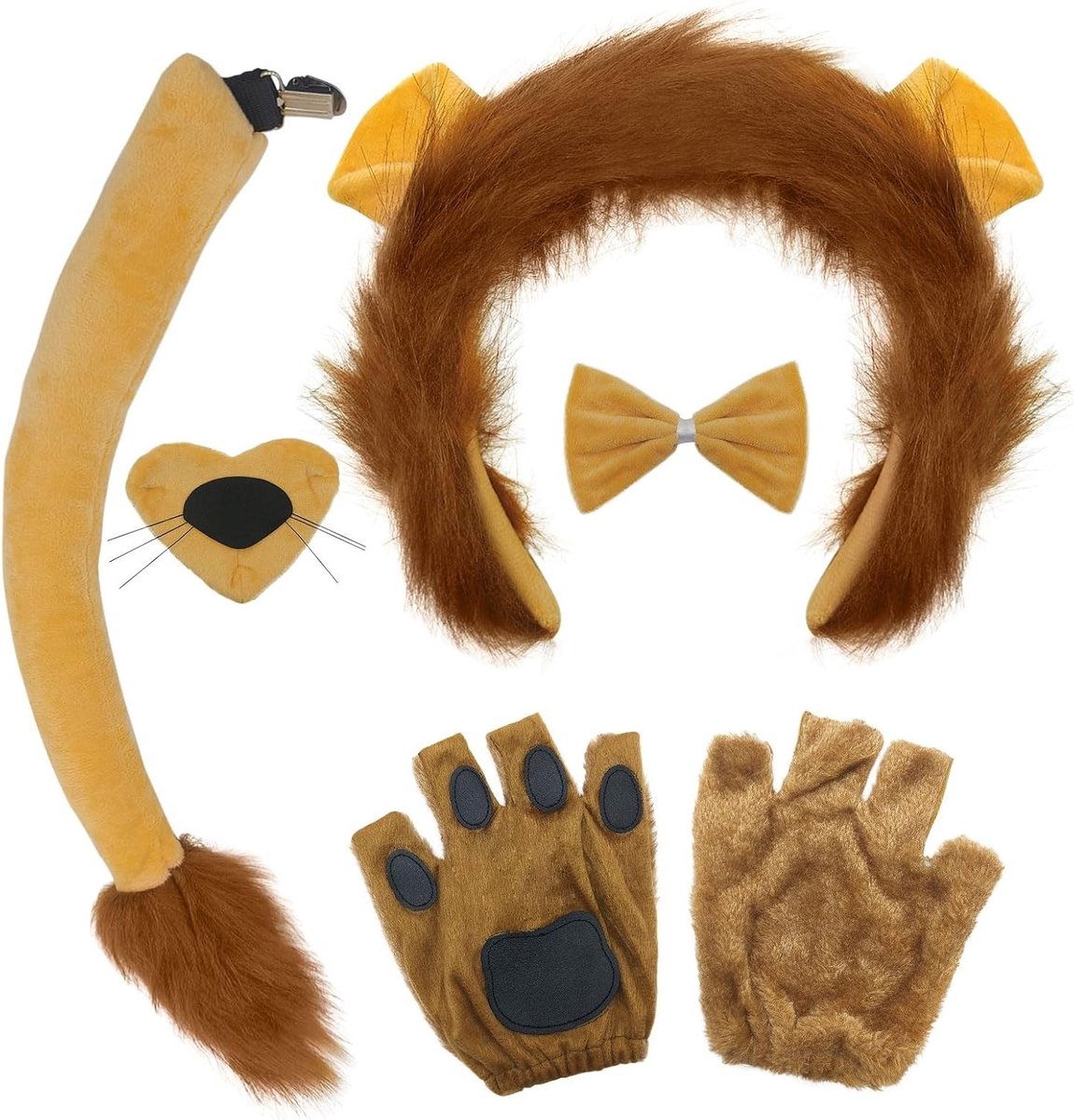 5-delige Leeuw Kostuum Accessoire Set met Oren, Staart, Neus, Strik en Handschoenen voor Kinderen en Volwassenen, Perfect voor Themafeesten en Kerstcadeaus
