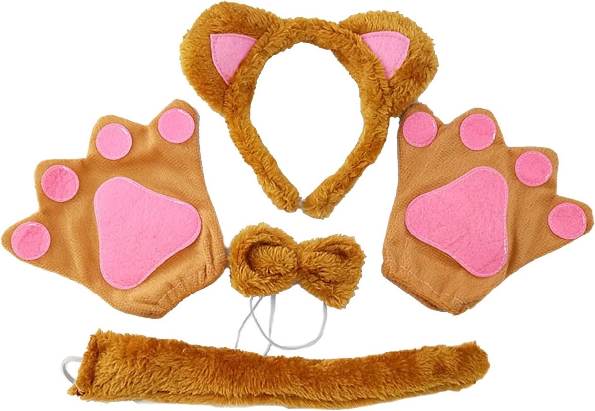 Berenkostuum Set voor Volwassenen met Klauw Handschoenen, Oren, Staart en Ketting voor Halloween en Verjaardagsfeestjes