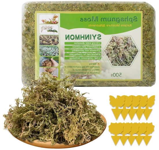 SnelShoppen - Sphagnum Mos Planten 500 g - Natuurlijk Luchtgedroogd Mos voor Orchideeën - Verhoogt Vochtigheid - Inclusief 10 Gele Stickers Tegen Fung