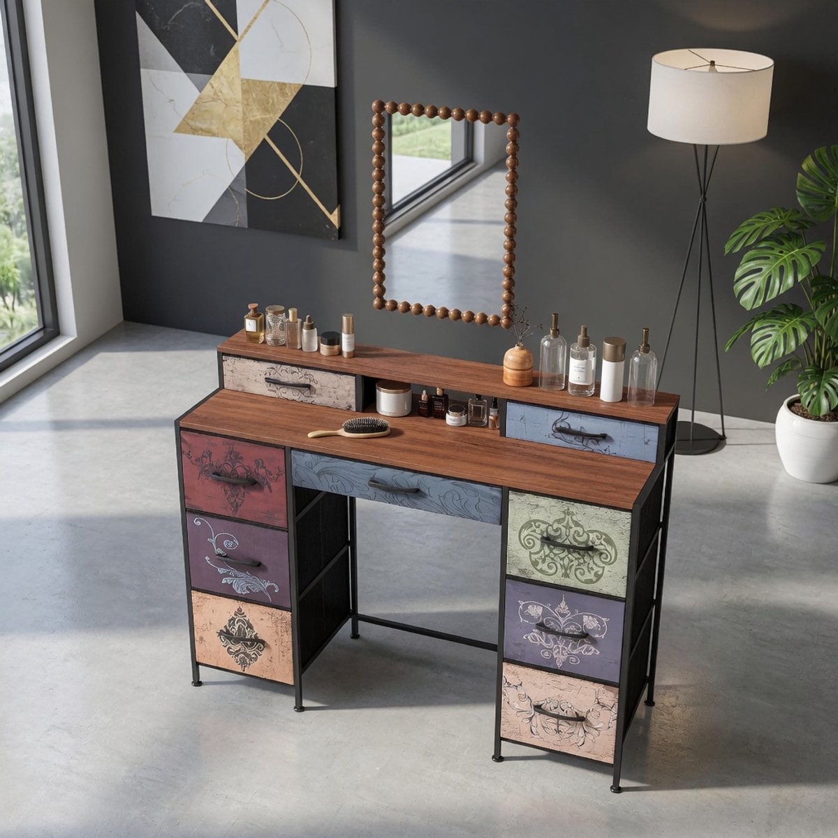 Vintage Make-uptafel zonder Spiegel – Kaptafel met 9 Lades, Retro Design, Houten Tafel met Metalen Frame, Multifunctioneel als Bureau of Sidetable – Bruin MedaHomeStore