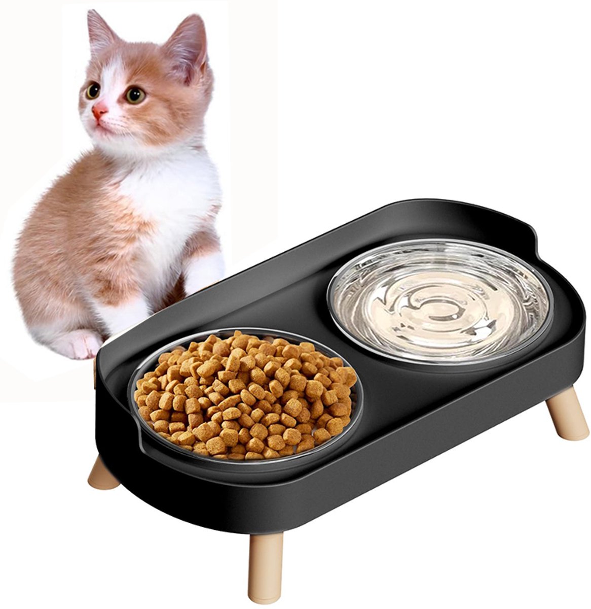 Roestvrijstalen Verhoogde Kattenvoerbak - Set 800ml met verhoogde voer- en waterbakken voor binnenkatten, spatwaterdicht, inclusief 2 roestvrijstalen voer- en waterbakken, bestand tegen snorhaarvermoeidheid en vaatwasmachinebestendig