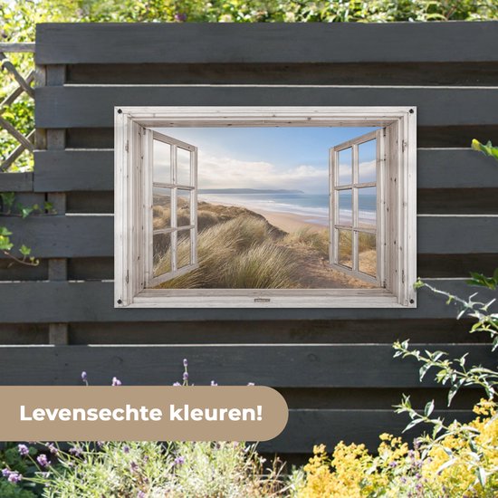 Tuinposter doorkijk raam - Tuindecoratie strand en zee - 120x80 cm - Tuinschilderij voor buiten natuur - Tuindoek duinen - Wanddecoratie tuin - Schuttingdoek - Balkon decoratie - Muurdecoratie - Buitenposter