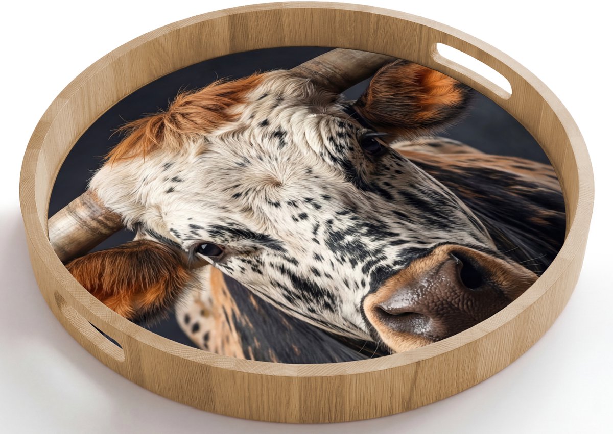 Dienblad rond 50x50 cm - Schootdienblad hout - Stier - Kleurrijk - Hoorns - Borrelplank rechthoek - Plateau houten dienbladen