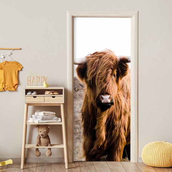 Sticker pour porte Scottish Highlander - Paysage - Vache - Marron - Animaux - Nature - 95x215 cm - Door Poster