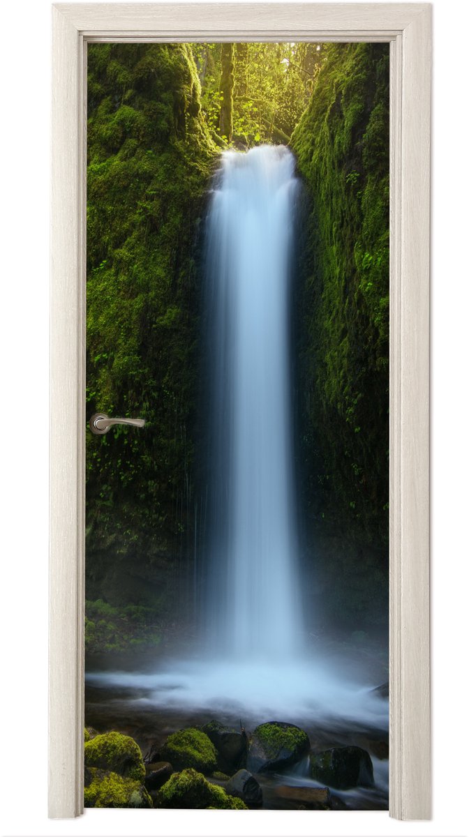 Deurposter 95x215 cm - Deursticker Jungle - Waterval - Natuur - Meubelfolie zelfklevend - 