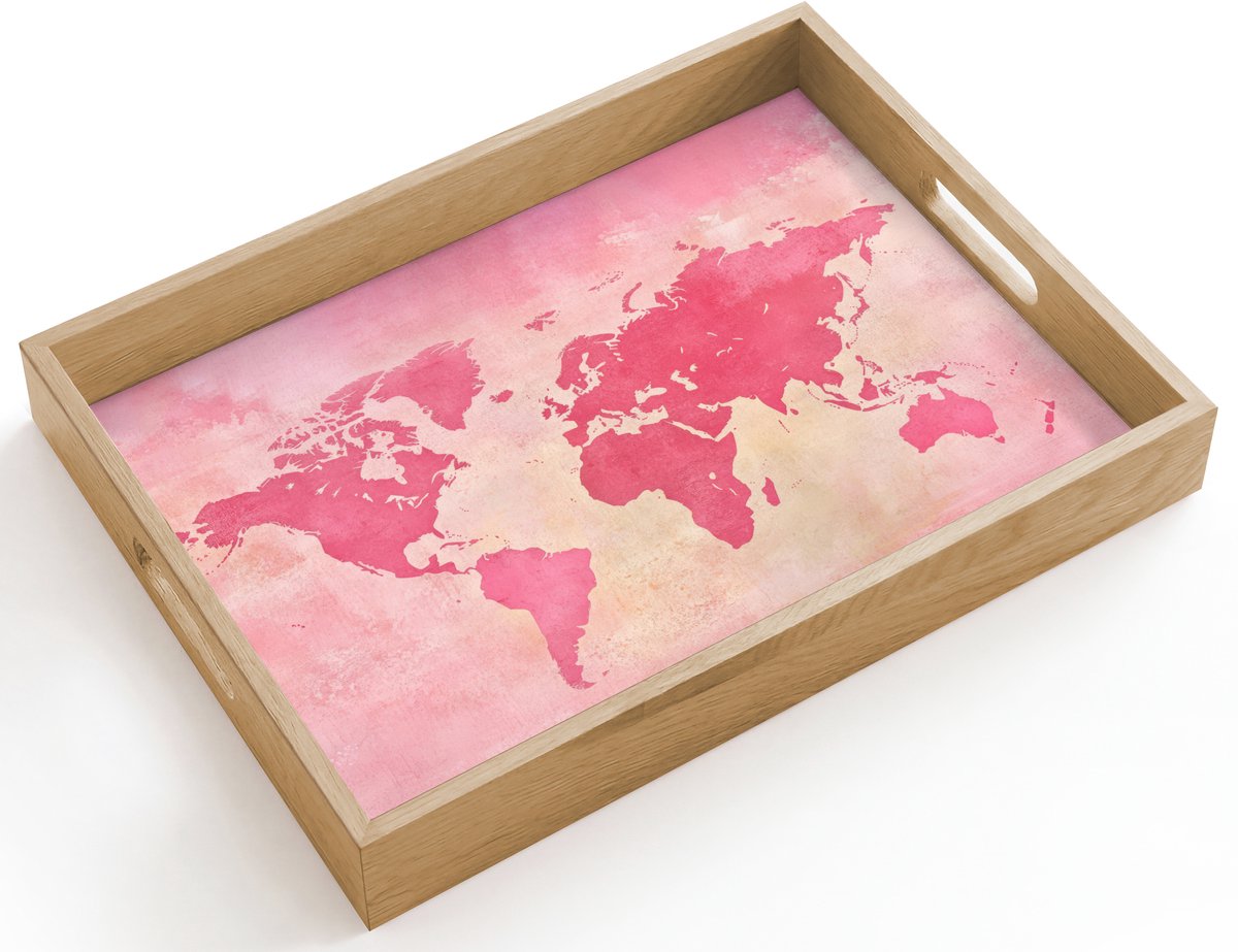 Dienblad hout 40x30 cm - Schootdienblad - Wereldkaart - Roze - Vaag - Borrelplank rechthoek - Plateau dienbladen