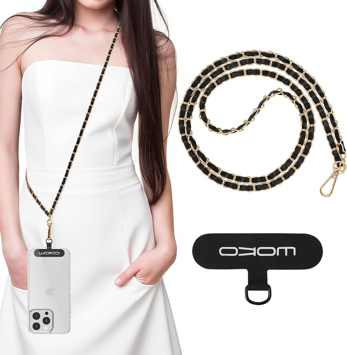 Veilige Telefoon Lanyard, Metalen Anti-Diefstal Ketting voor Smartphones, Handenvrij Neopreen Hanger voor Reizen, Woon-werkverkeer en Dagelijks Gebruik, Stijlvol en Duurzaam in Goud en Zwart