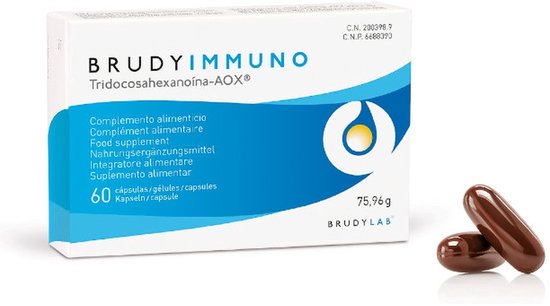Verpakking met BRUDYIMMUNO Tridocosahexanoina-AOX®, 60 capsules, met twee bruine capsules ernaast.