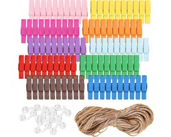 Houten Wasknijpers - Decoratieve Knijpers Fototouw - Foto's Ophangen - Kleine Houten Klemmen - 100 stuks - Veelkleurig