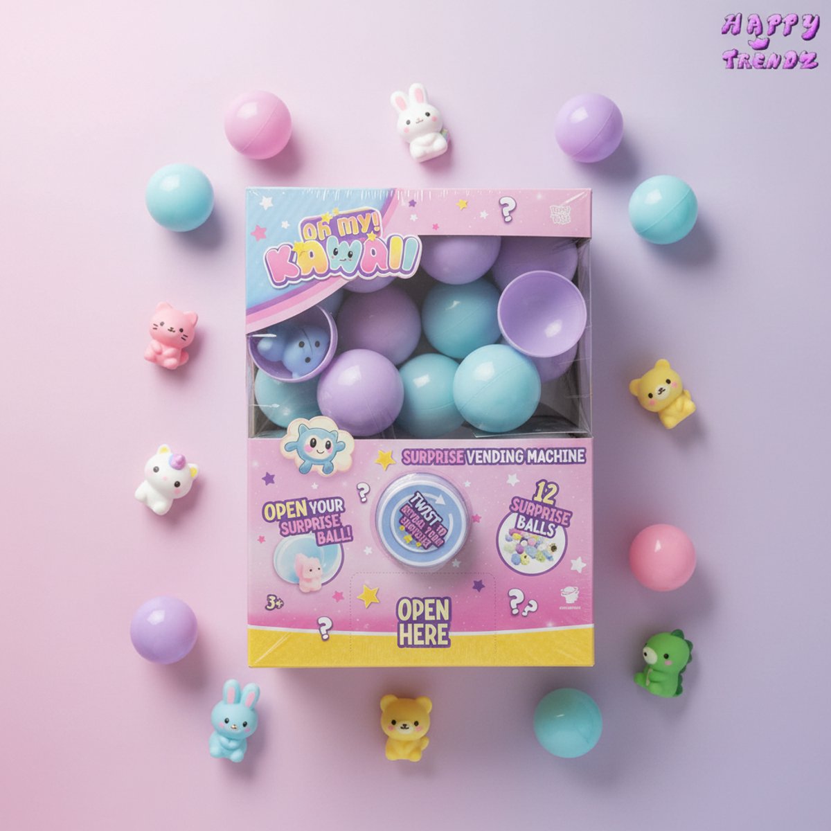 Happy Trendz® Oh My Kawaii! Surprise Vending Machine met 12 Kawaii Mochi Surprise Ballen Roze Box – Schattig Uitpak Speelgoed Roze Box | Trendy Cadeau voor Iedereen | Draai, Open & Ontdek!