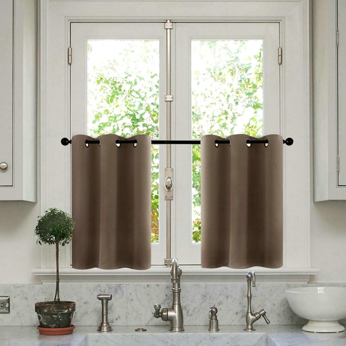 Vitrage Gordijnen - Korte Gordijnen Keuken - Privacy Creëren - Met Oogjes - 86 x 61 cm - Bruin