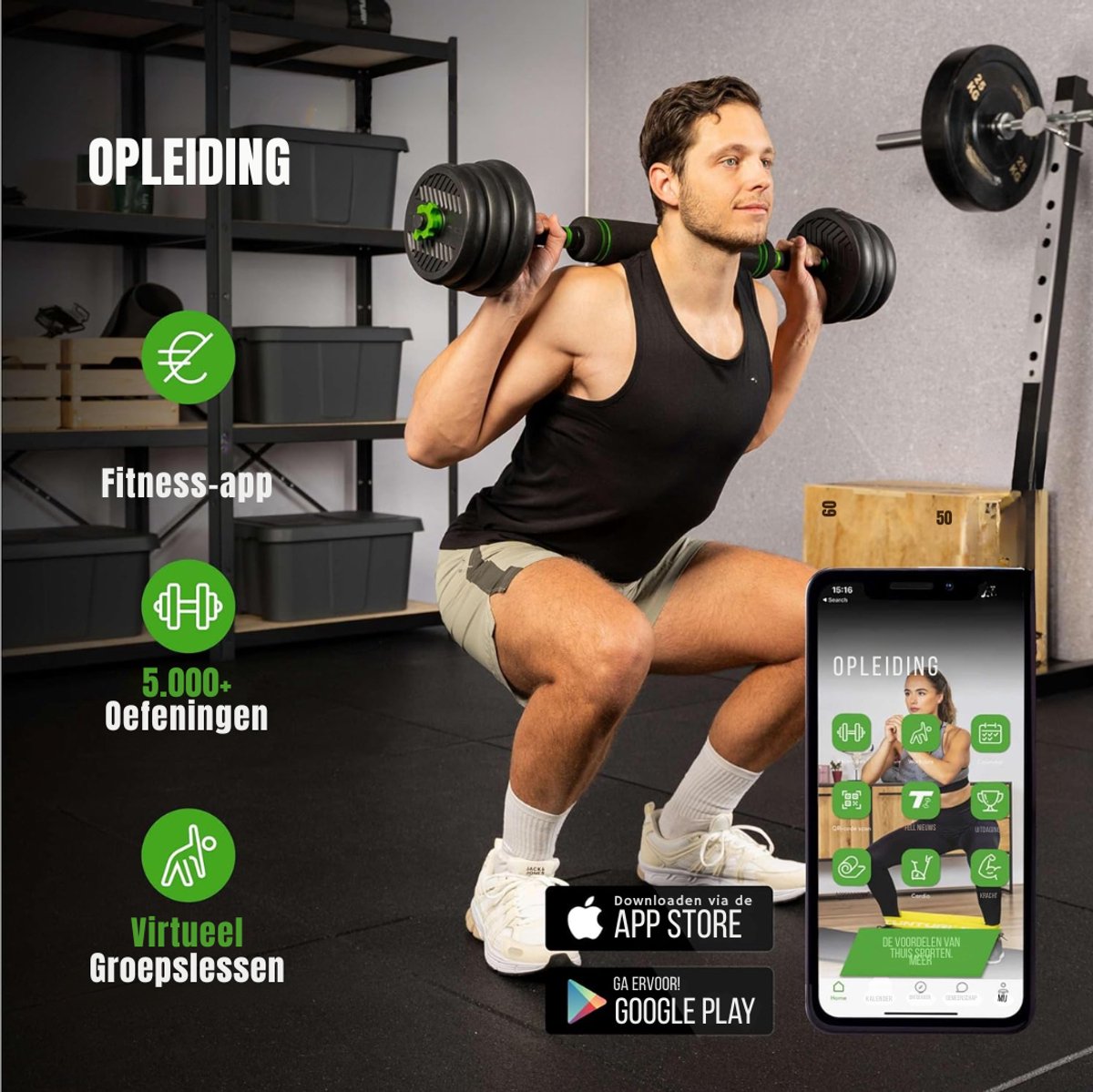 DYNA® Verstelbare Dumbells - Verstelbare Dumbbells - Dumbell Set - Verstelbare Dumbell - Zwart/Groen - 114cm x 19cm x 19cm thumbnail 8