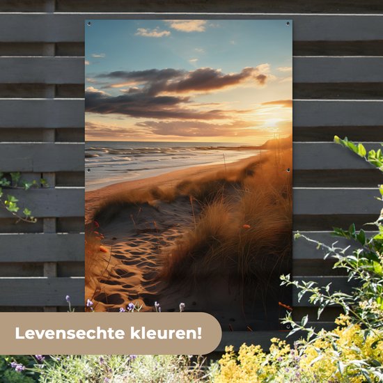 Tuinposter 120x180 cm - Tuindecoratie Strand - Zonsondergang - Duinen - Zee - Zand - Poster voor in de tuin - Buiten decoratie - Schutting tuinschilderij - Tuindoek muurdecoratie - Wanddecoratie balkondoek