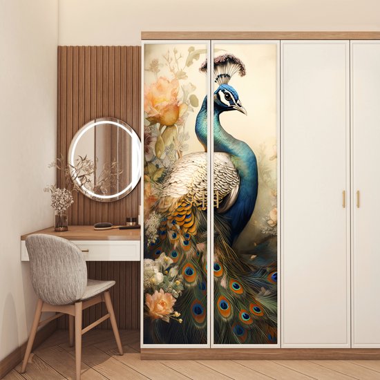Sticker porte Paon - Plumes de paon - Fleurs - Vogels - Botanique - 80x205 cm - Poster porte