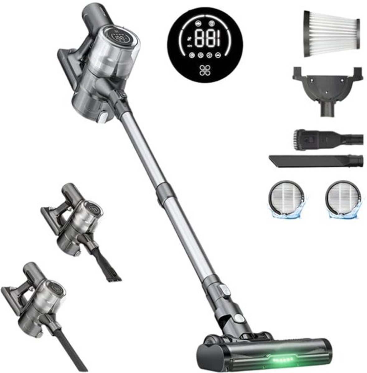Steelstofzuiger Draadloos - Steelstofzuiger - Stofzuiger - Steelstofzuiger Snoerloos - Krachtige Zuigkracht - 35Kpa - Steelstofzuiger - met groen licht - LED-display - Anti-klitrolborstel - Grijs