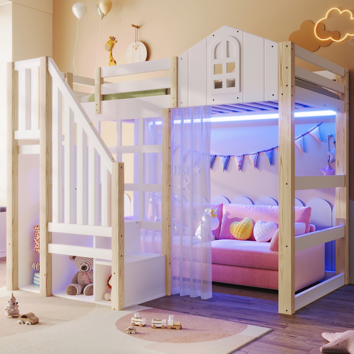 MODFU Hoogslaper met Opbergladder – 90x200 cm – Kasteelontwerp met LED – Grenenhout – Wit & Naturel Wit+Natuurlijk