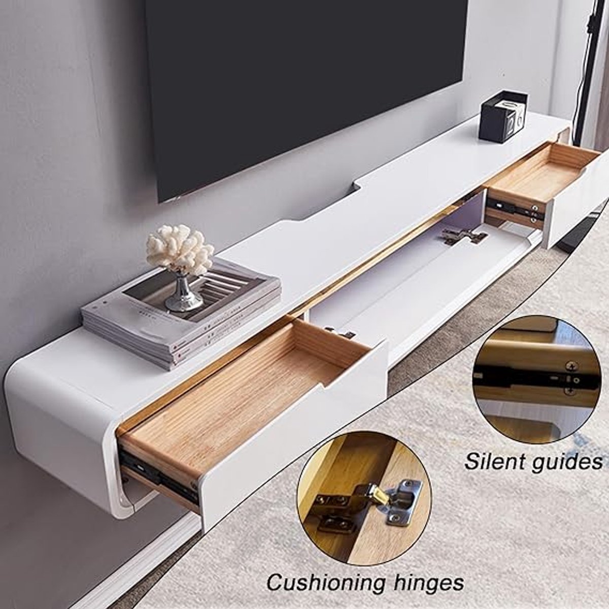 Premium Zwevend TV-Meubel “Nordic Luxe” 120 cm met 2 Lades en Kabelmanagement – Wit Hoogglans Design TV Kast Wandmontage 150 x 24 x 20 cm – Casa Dorada