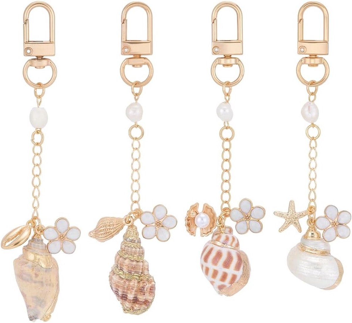 4 Stuks Sleutelhanger Charms met Parel en Zeeschelp voor Tas en Rugzak, Zomer Decoratie met Bloem en Gouden Accenten