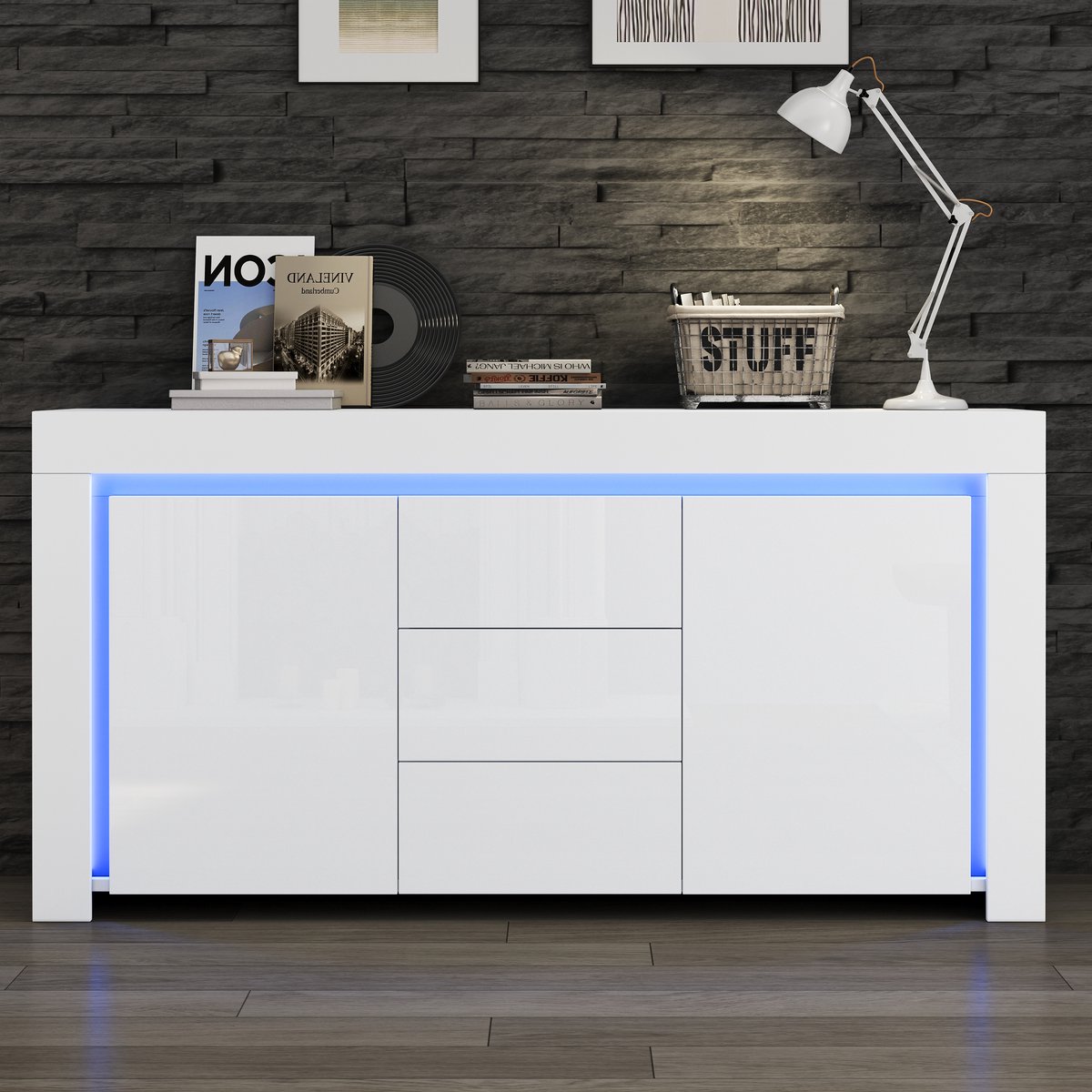 Clruro Dressoir - 140x40x65 cm - Met 3 Laden En 2 Deuren LED Verlichting - Hoogglans - Hout - Wit