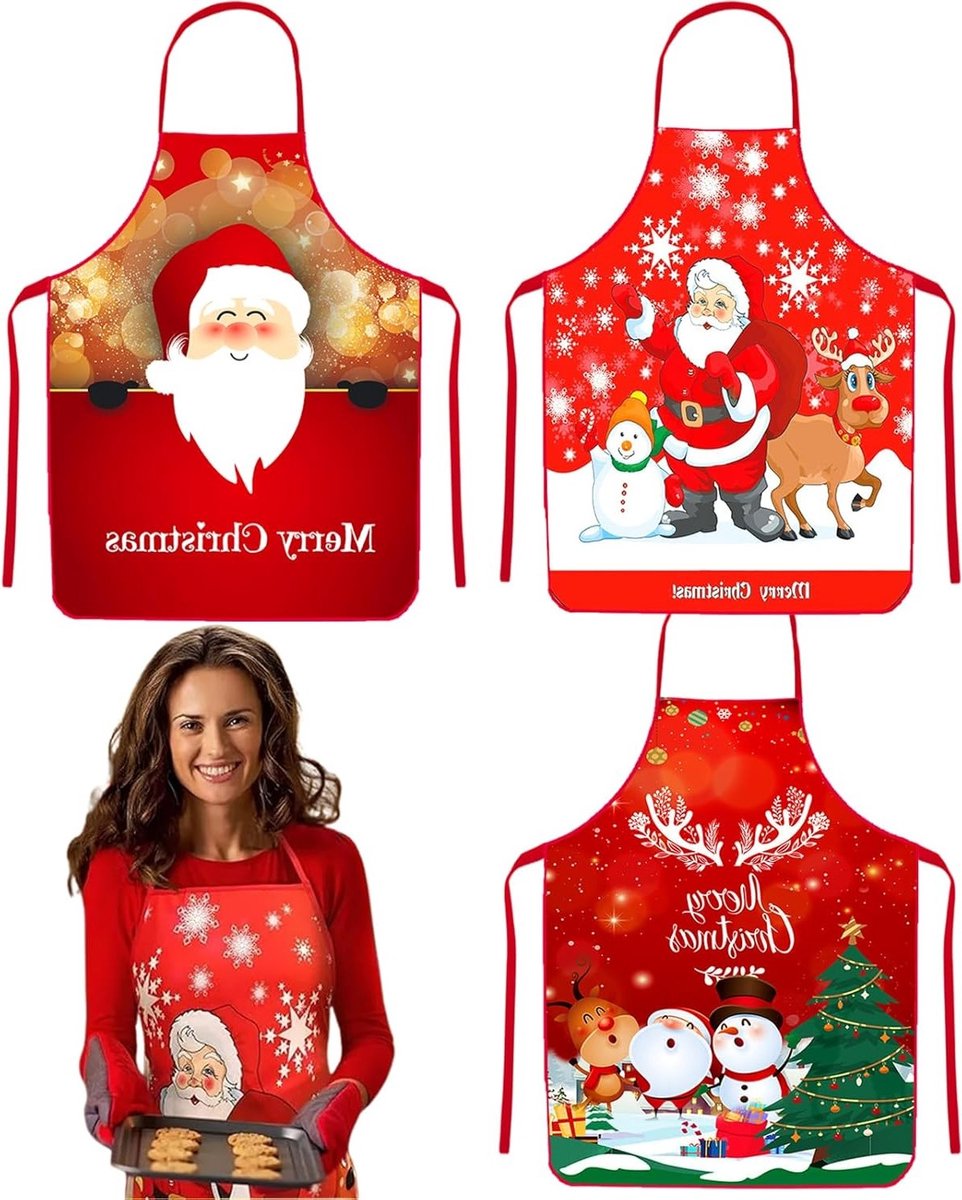 Kerstschorten Set van 3, Grappige Kerstschorten voor de Keuken, Cartoon Santa Schorten voor Feestelijke Kookmomenten