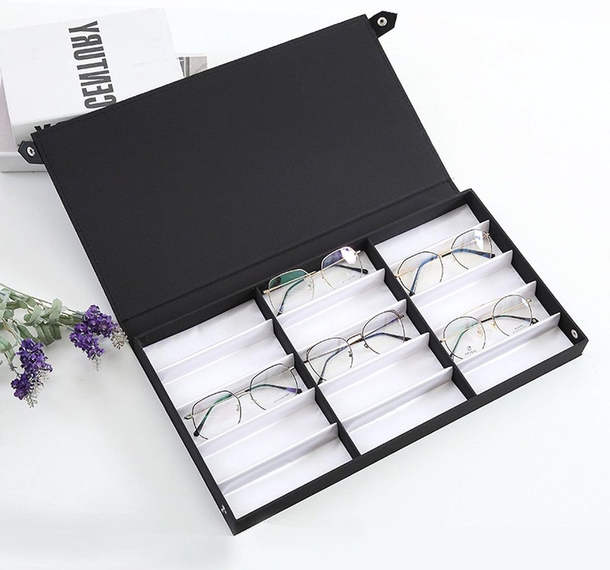 Multifunctionele Opbergdoos voor Zonnebrillen en Sieraden met 15 Vakken en Witte Voering, Ideaal voor Organisatie en Bescherming van Brillen, Horloges en Accessoires