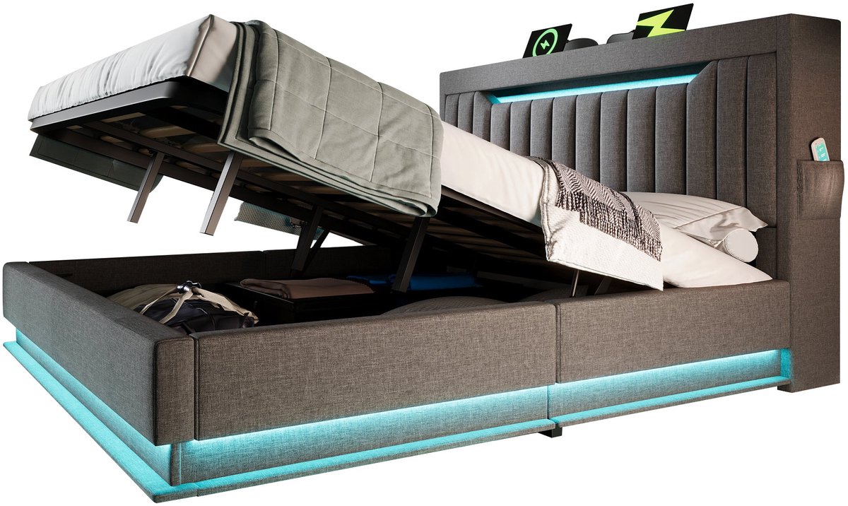 Merax Gestoffeerd Bed 140x190 - Bed met Opbergruimte - LED Verlichting met Afstandsbediening - USB en Type C - Hydraulisch Opbergbed - Grijs