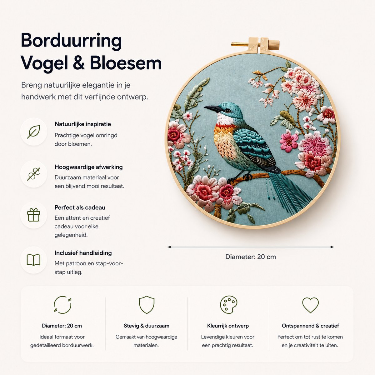 BOTC Borduurpakket - Borduurset van 4 - Borduurpakketten voor Volwassenen - Hobby en Creatief - Borduren- Chinese stijl vogelbloem — afbeelding 7