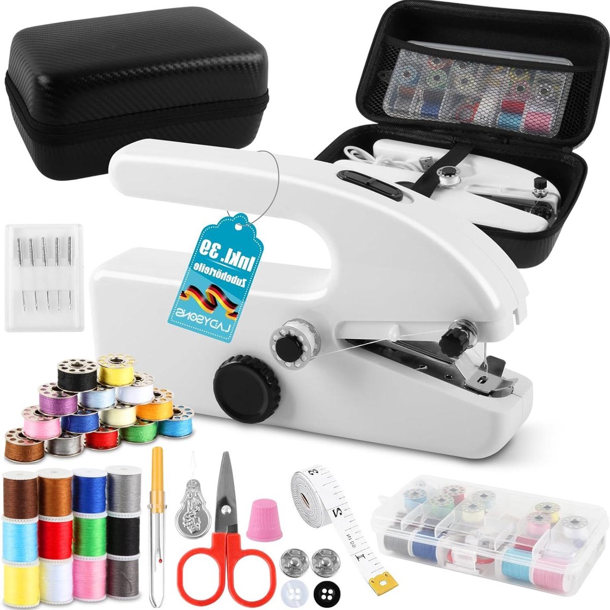 Handnaaimachine Mini - Draagbare Naaimachine - Kleding Repareren - Twee Naaisnelheden - 10x10x10 mm - Wit
