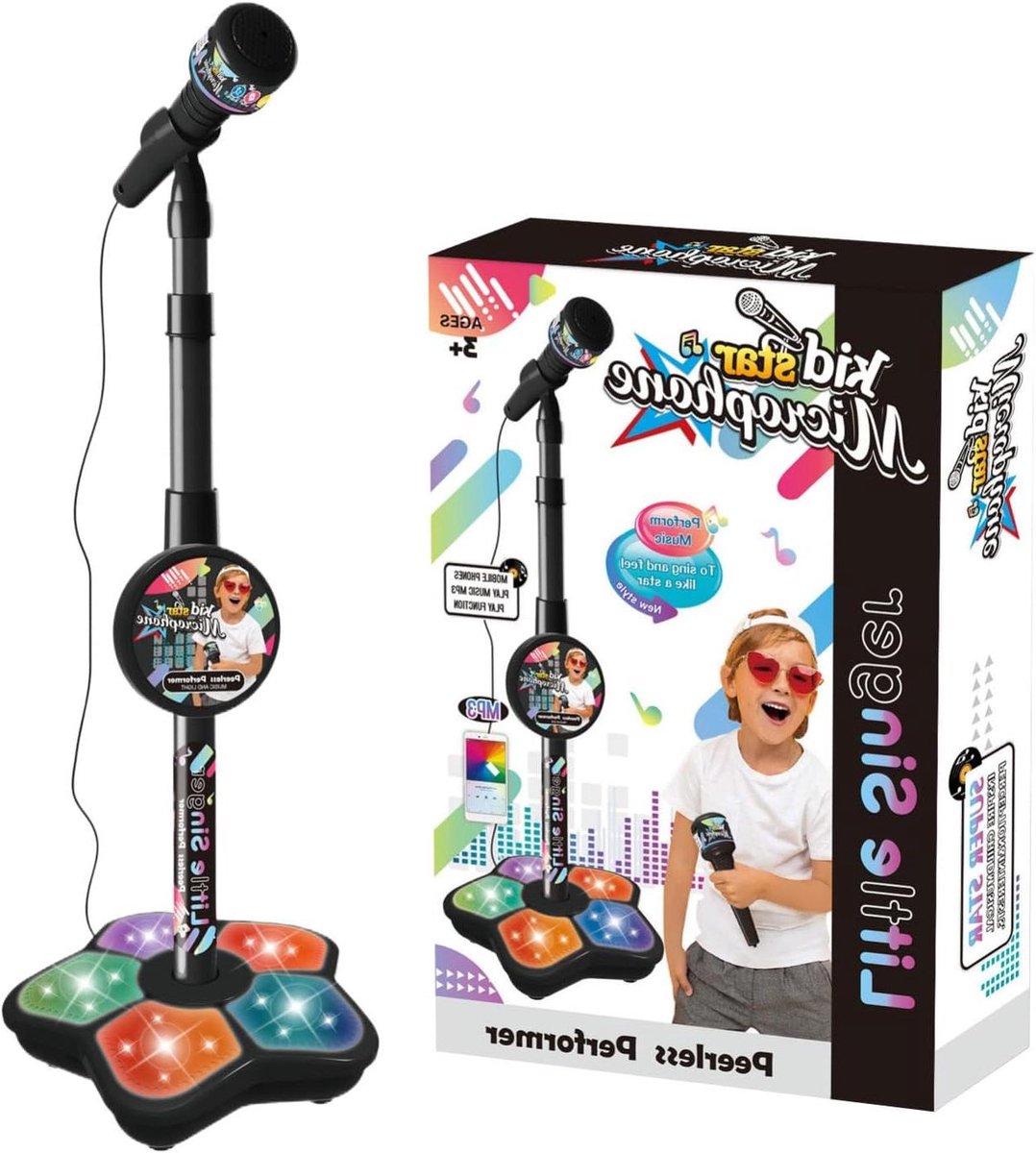 Kinder Microfoon - Karaoke Set - Muziek Maken - Met Verstelbare Standaard - 7 x 237 cm - Zwart