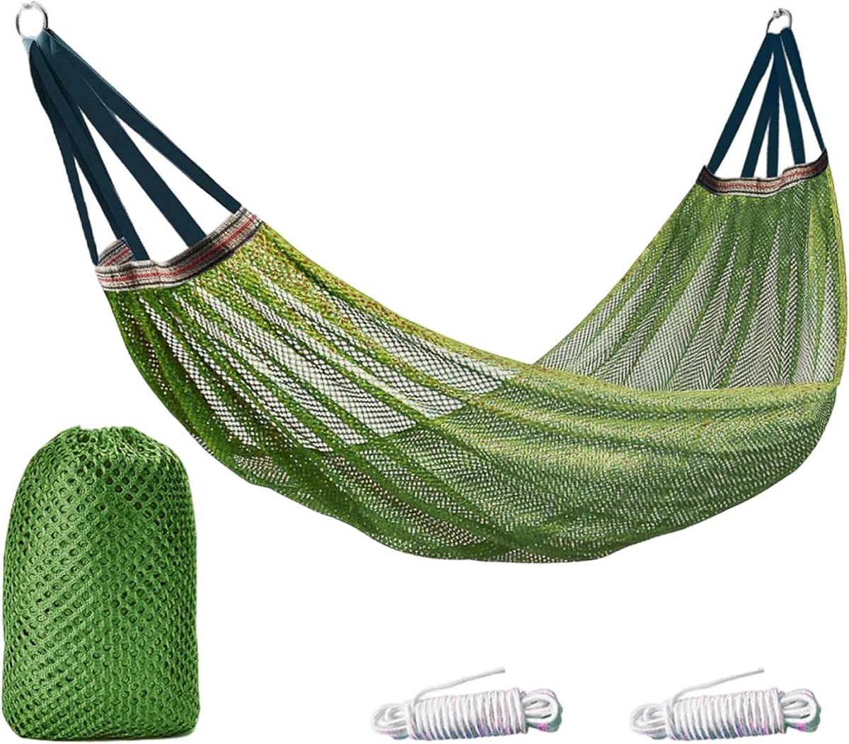 Touwhangmat Buiten - Camping Hangmat - Ontspannen in Natuur - Lichtgewicht Nylon Net - 260 x 130 cm - Groen