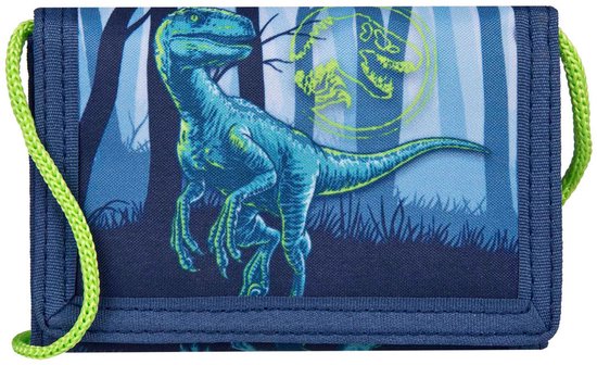 Blauw, groen en geel dinosaurus dessin met een bos achtergrond. Met groen koord.