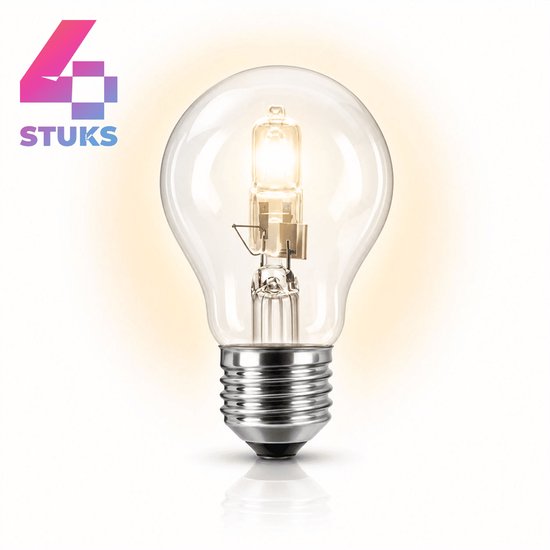 Halogeenlamp met gloeidraad in detail, met tekst "4 STUKS".