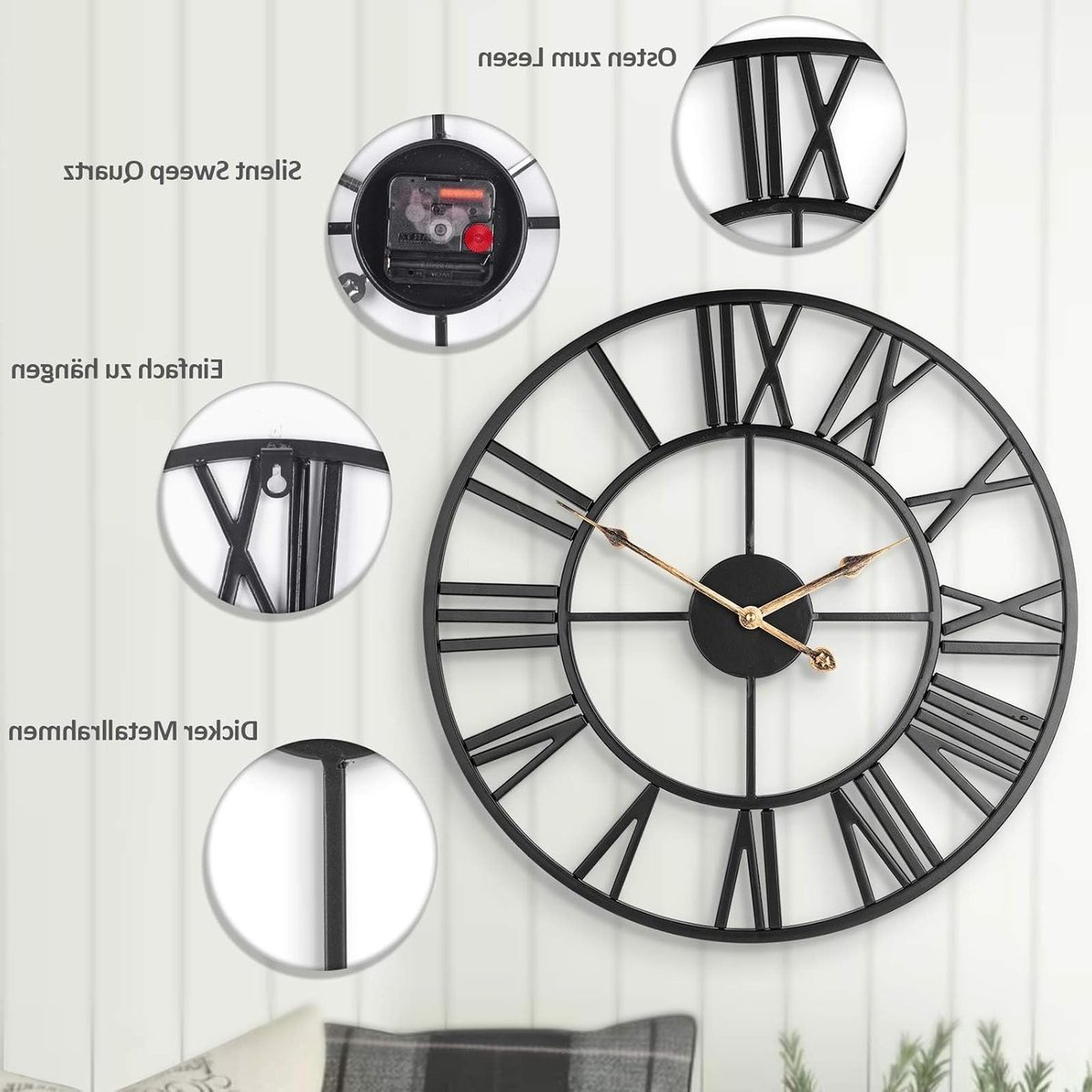 Grote Stille Wandklok, Vintage Klok met Romeinse Cijfers, 60cm Niet-Tikkende Batterij Aangedreven Decoratieve Klok voor Thuis en Keuken, Perfecte Interieuraccessoire