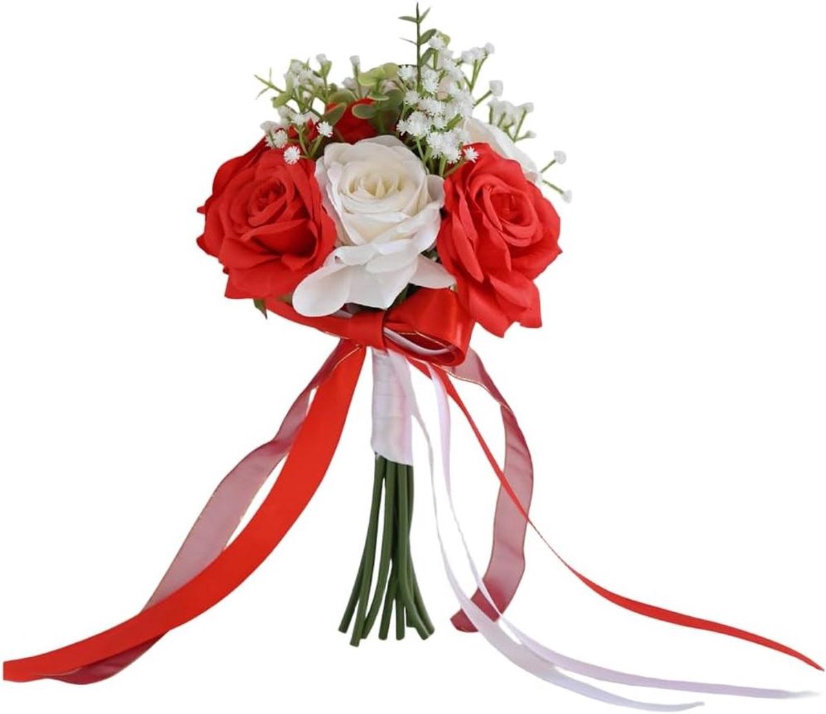 Zijden bloemenboeket - Kunstbloemen bruiloft - Decoratieve styling - Handgemaakte strik - 30 x 20 x 20 cm - Champagne