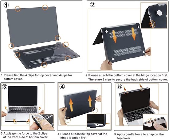 Instructies in vijf stappen voor het bevestigen van een donkerblauwe MacBook-hoes, met close-ups van de clips en het scharnier.