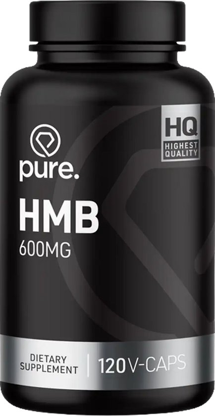Zwarte pot met 'pure. HMB 600MG' en '120V-CAPS' in witte letters. Hoogste kwaliteit.