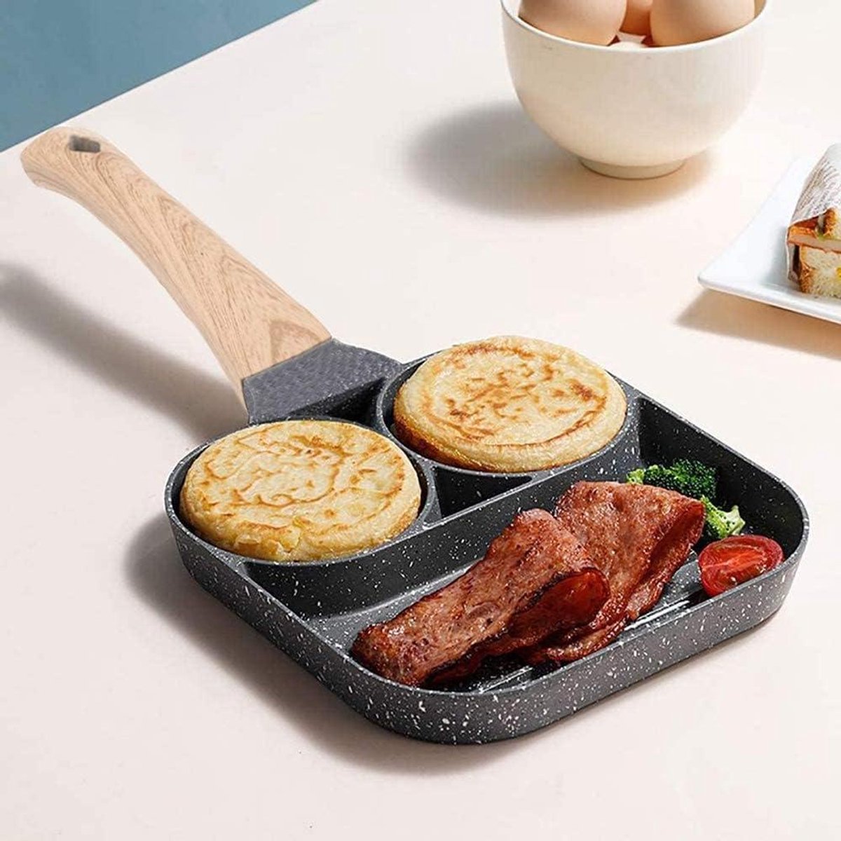 Koekenpan met 4 Gaten - Omeletpan Burgerpan - Ontbijt Maken - Antiaanbaklaag - 4 Compartimenten - Grijs