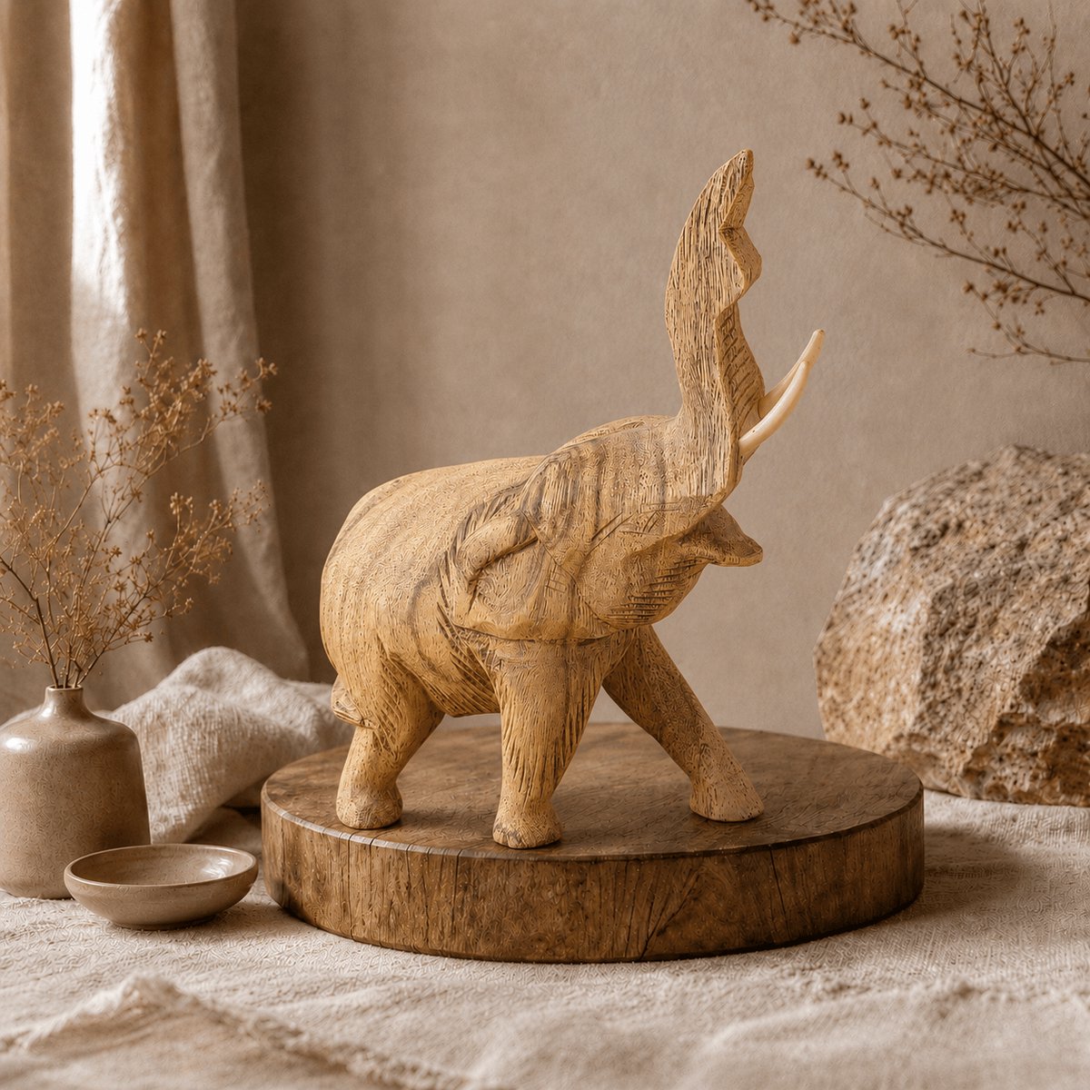 Handgesneden houten olifant groot – naturel decoratiebeeld 25 cm – olifant met slurf omhoog