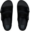 Paar zwarte synthetische slippers met twee banden en klittenbandsluiting. REEF logo op de zool.