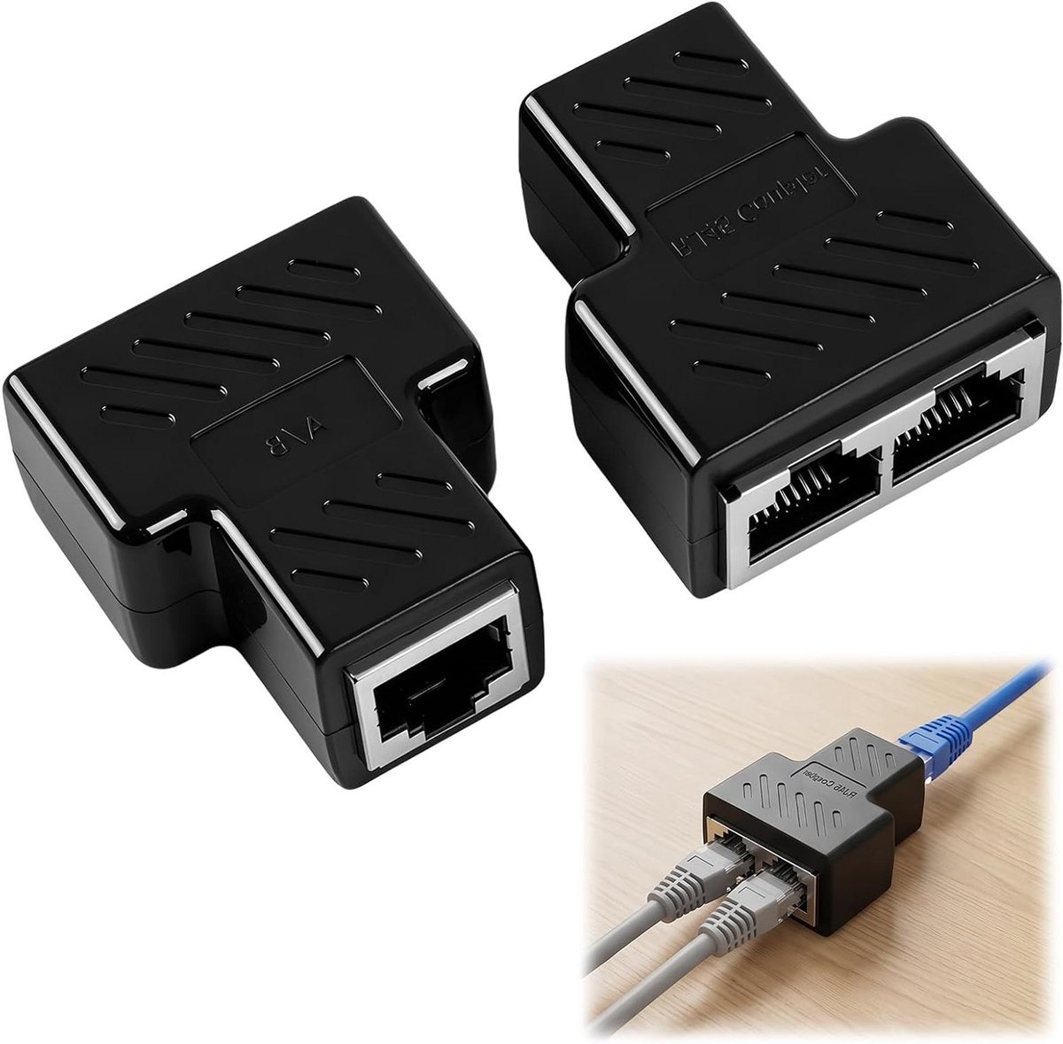 Ethernet Splitter Adapter - RJ45 Splitter - Netwerk Uitbreiding - Vergulde Contacten - 2 Stuks - Zwart