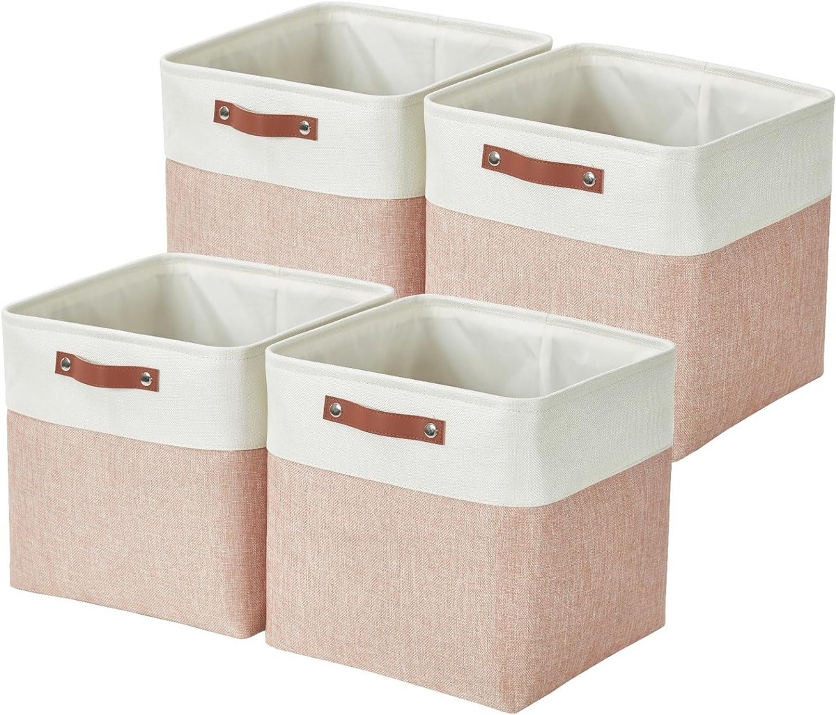 Opvouwbare Opbergdozen van Linnen, 30CM Cube, 4 Stuks met Leren Handvatten - Roze en Wit, Ideaal voor Organisatie en Ruimtebesparing